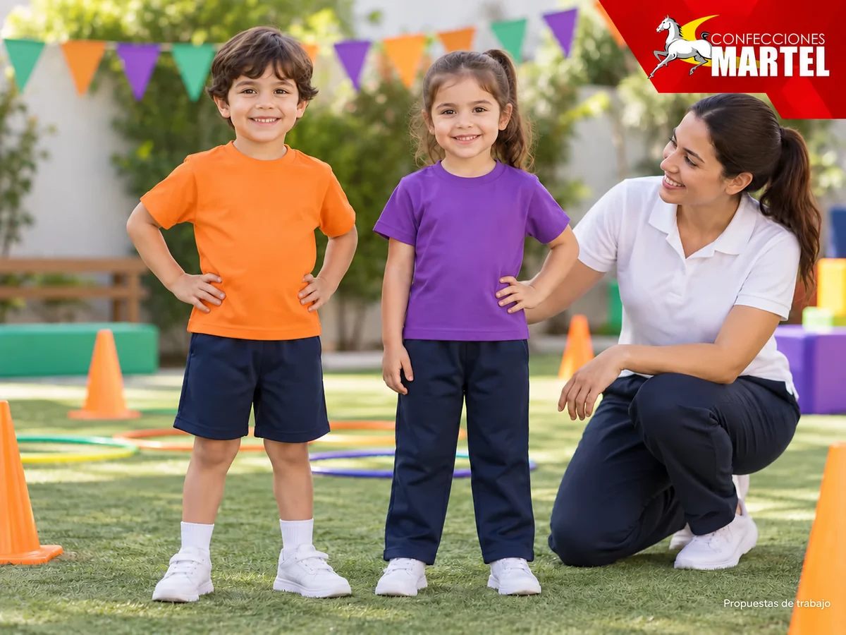 Propuesta de trabajo Martel: Comparación de short y pantalón largo en niños ficticios con polos naranja y violeta, junto a adulta.