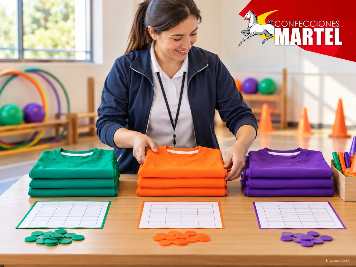 Propuesta de trabajo Martel: Adulta ficticia organiza polos doblados por color junto a fichas de conteo vacías.