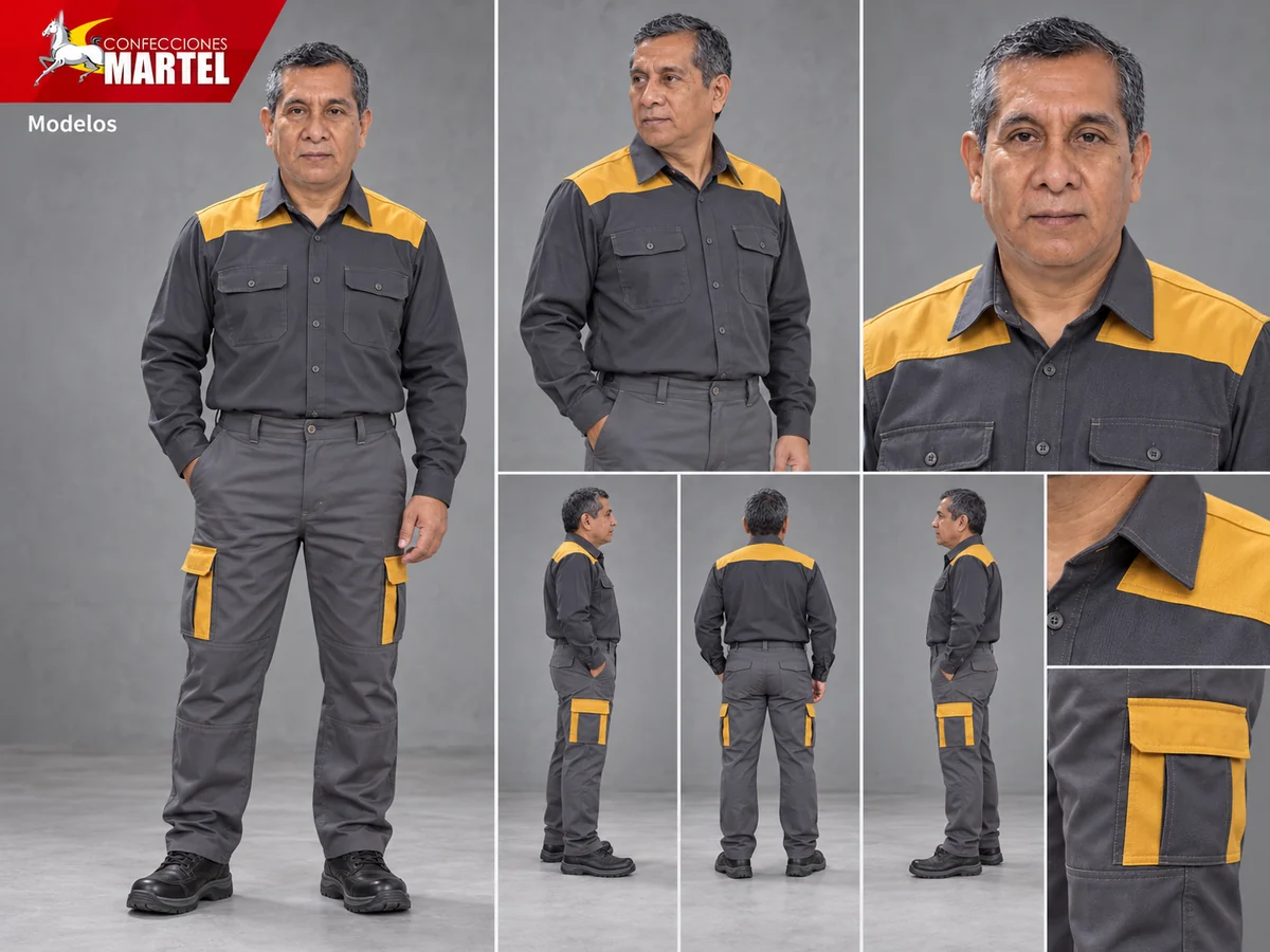 Vistas del modelo de referencia con camisa grafito y hombros mostaza, pantalón cargo gris y detalles de bolsillos.
