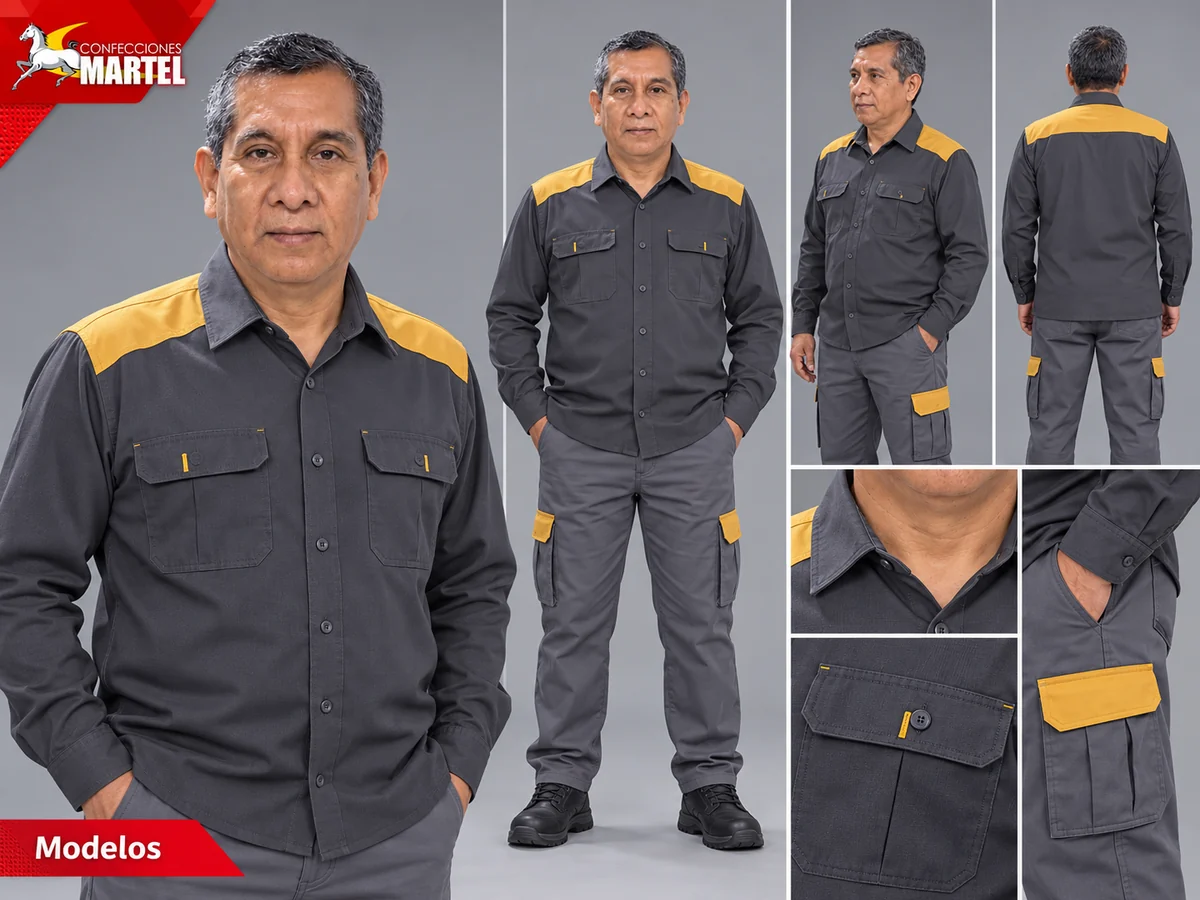 Composición de camisa grafito con hombros mostaza, detalles de cuello, bolsillo y pantalón cargo gris.