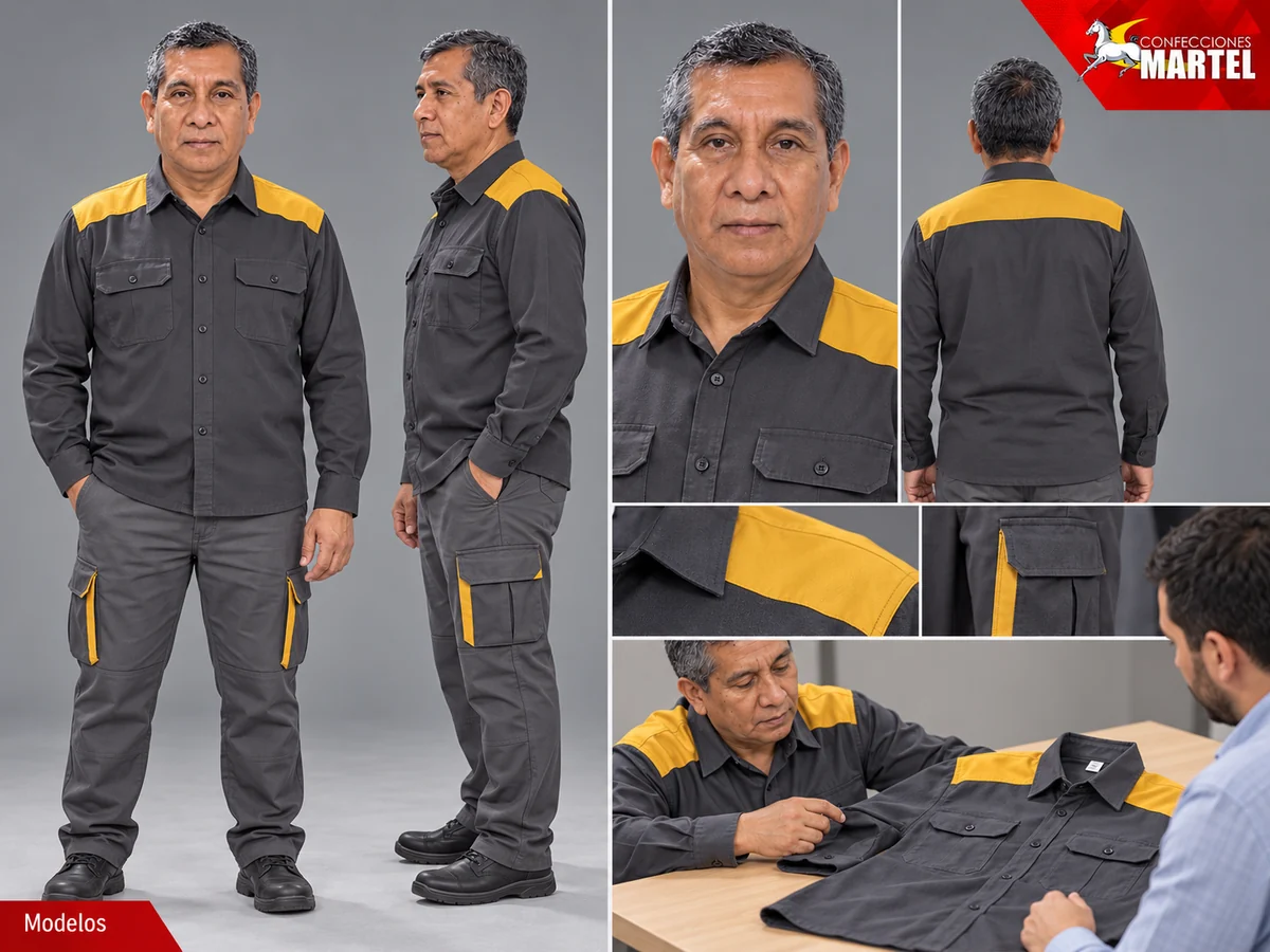 Vistas del conjunto grafito y mostaza y escena ilustrativa de revisión de camisa con otro adulto.