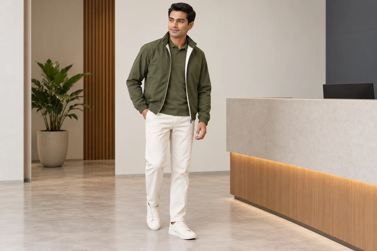 Hombre con casaca abierta sobre polo verde oliva y pantalón blanco en recepción de muestra.