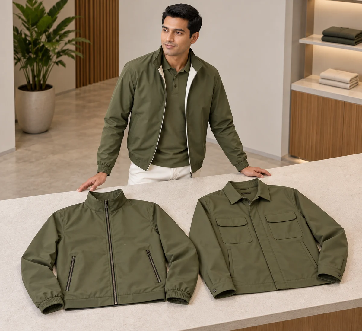 Hombre presenta dos casacas verde oliva con distintos cuellos y bolsillos sobre un mostrador.