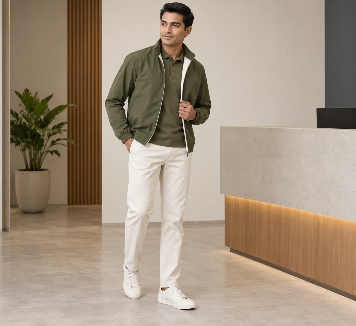 Hombre con polo y casaca verde oliva y pantalón blanco junto a un mostrador vacío.