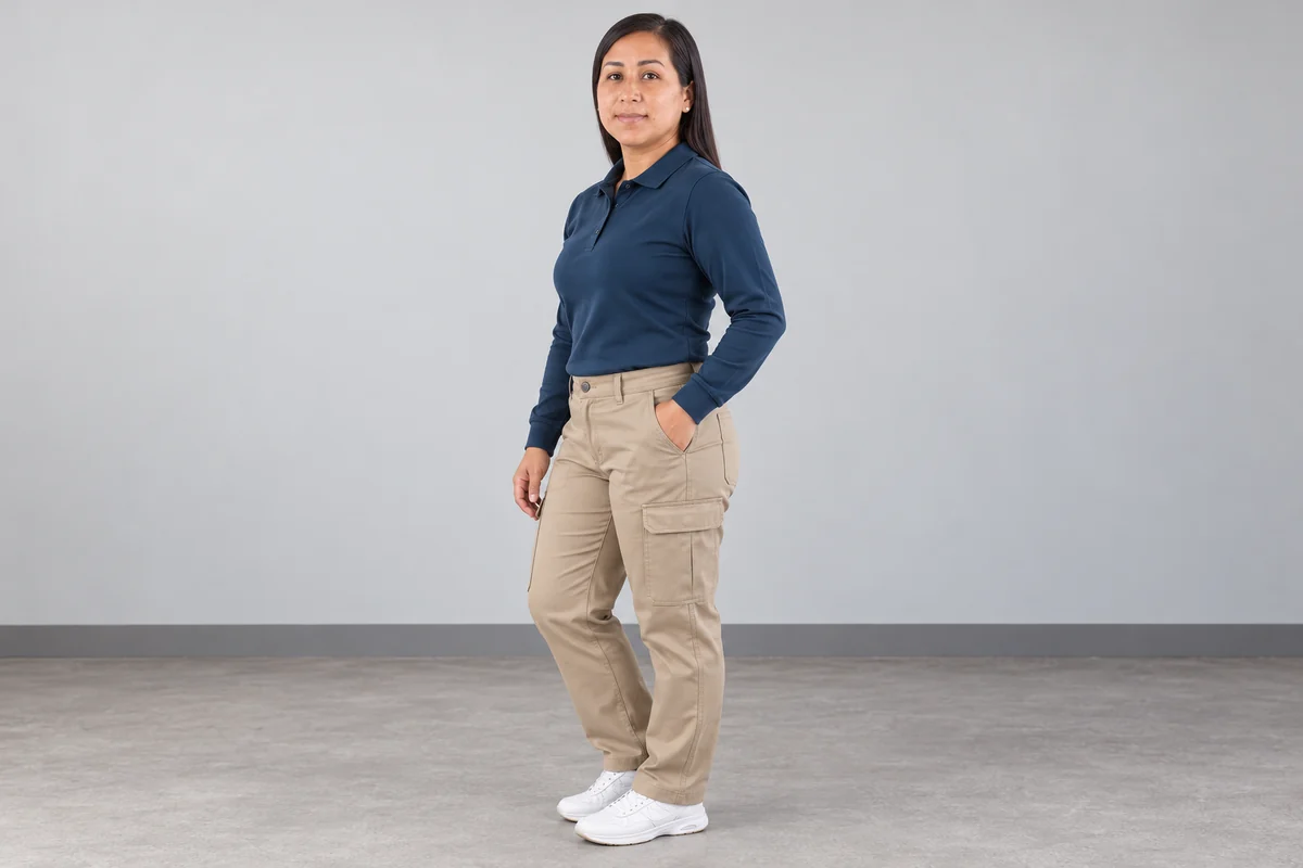 Vista lateral de mujer con polo azul de manga larga y pantalón arena con bolsillos laterales.