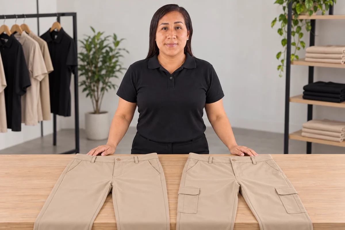 Mujer presenta dos pantalones arena, uno liso y otro con bolsillos laterales, sobre una mesa.