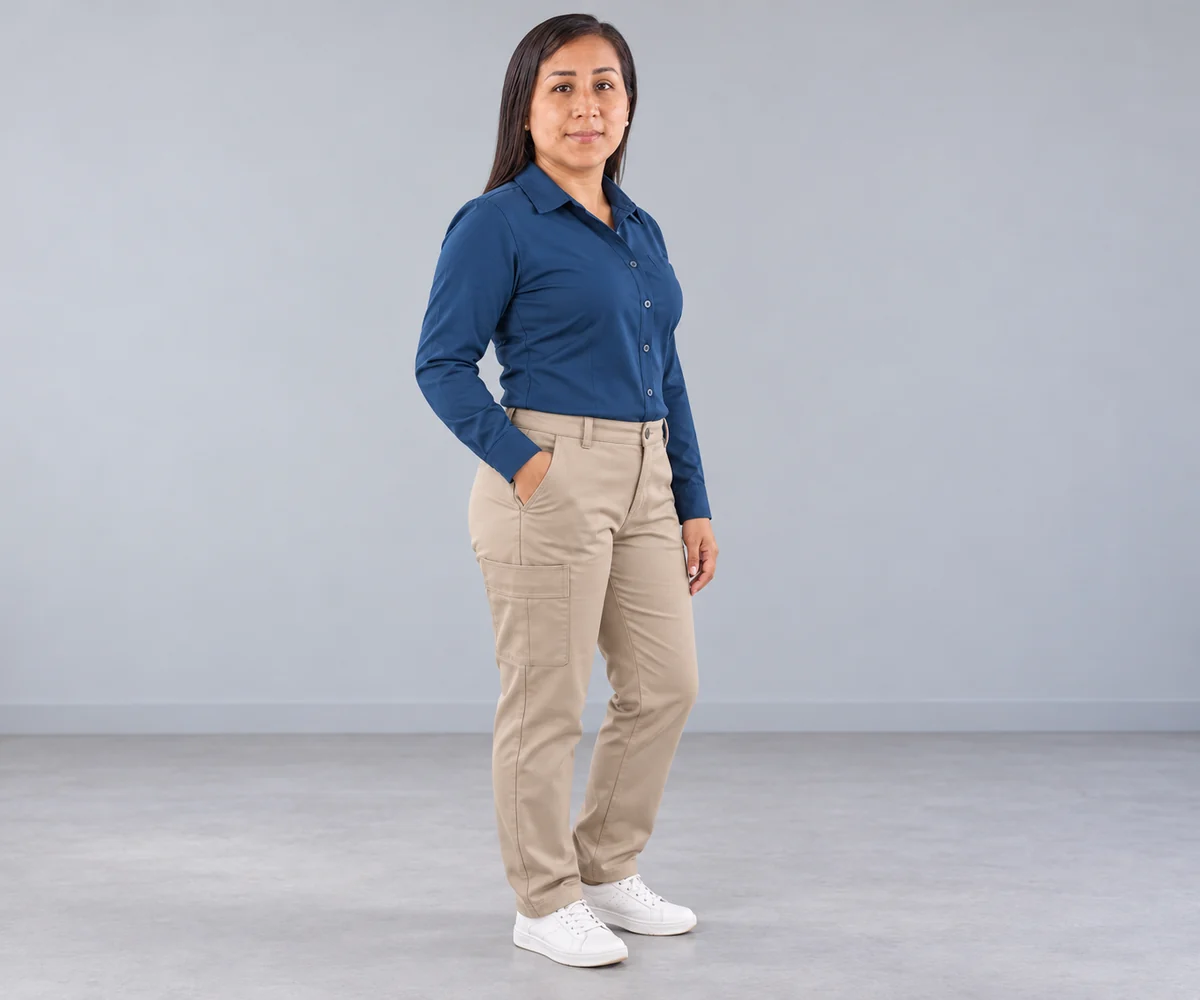 Mujer con camisa azul y pantalón arena con bolsillo lateral en estudio.