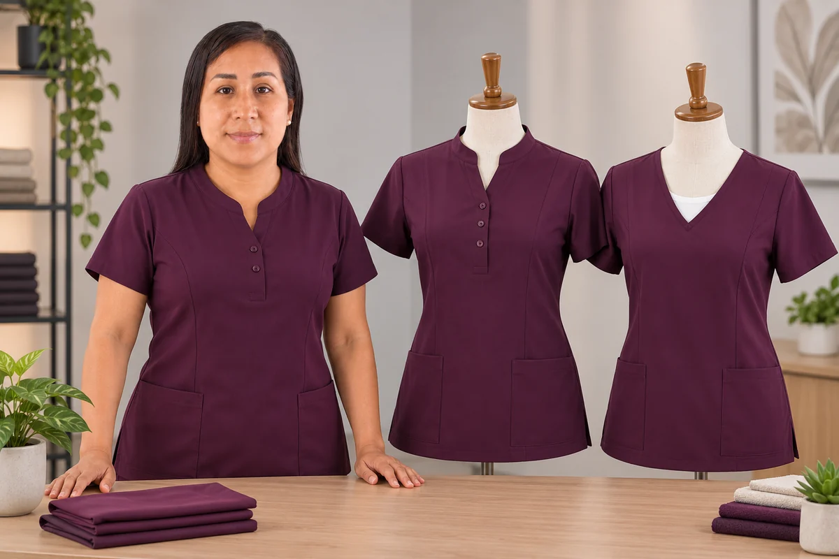 Mujer presenta dos túnicas ciruela de manga corta con distintos cuellos sobre maniquíes.