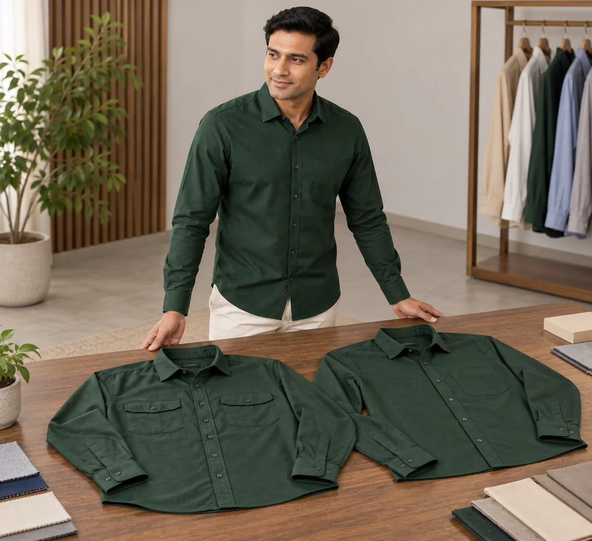 Hombre presenta dos camisas verde bosque con uno y dos bolsillos sobre una mesa.