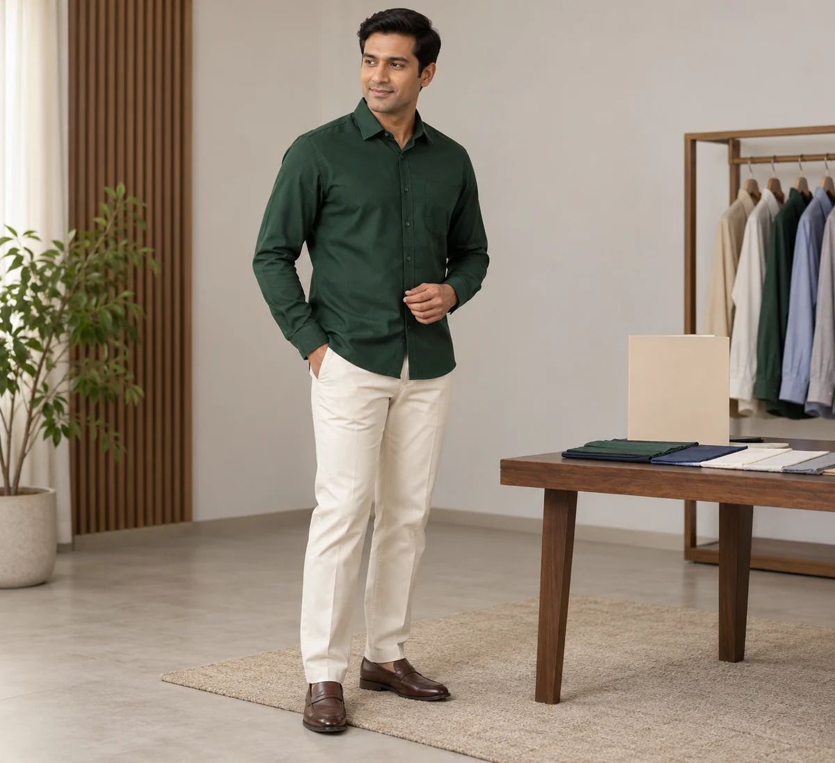 Hombre con camisa verde bosque y pantalón marfil junto a muestras de tela.