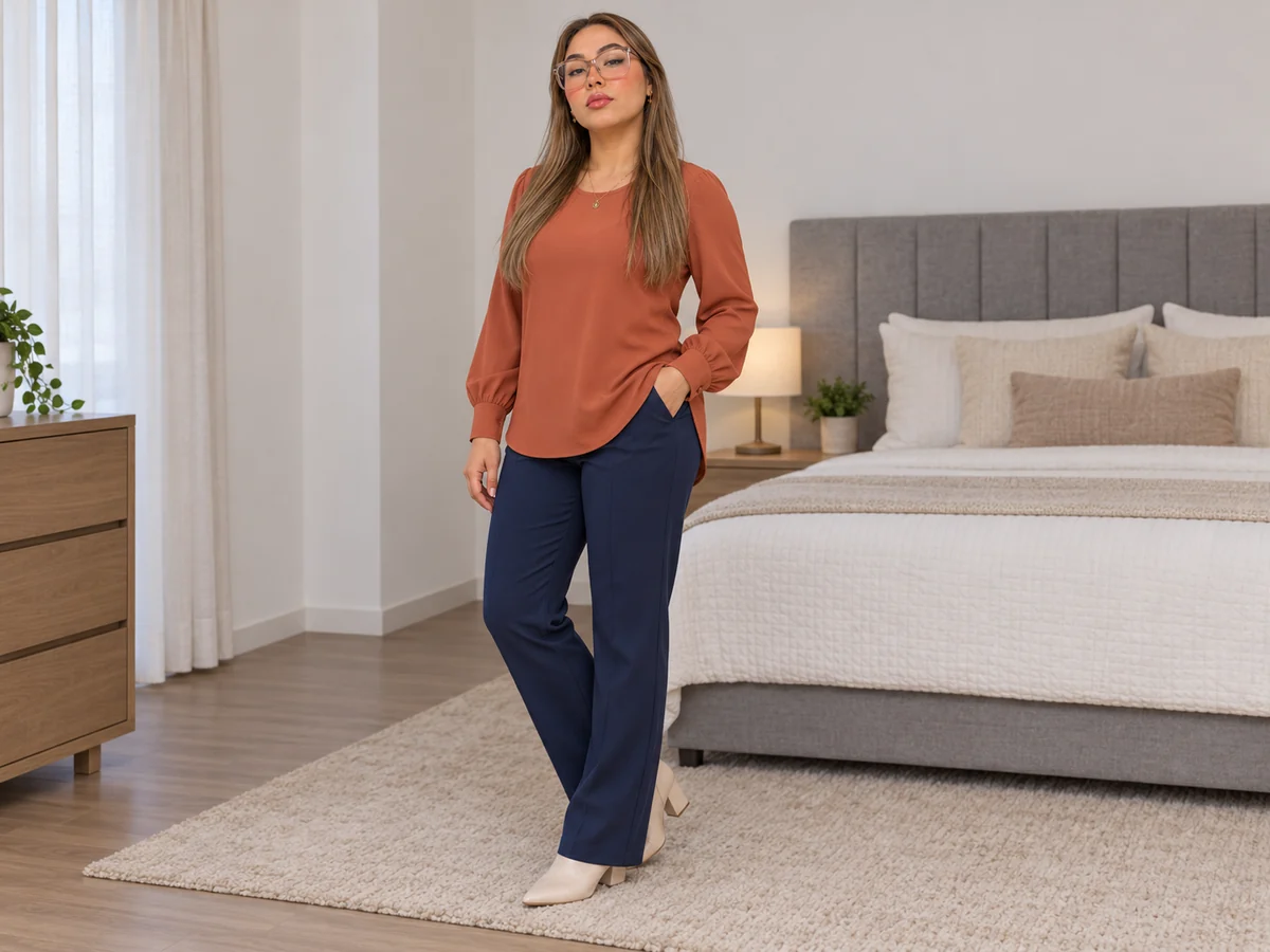 Mujer con blusa terracota y pantalón azul marino en una habitación de muestra.