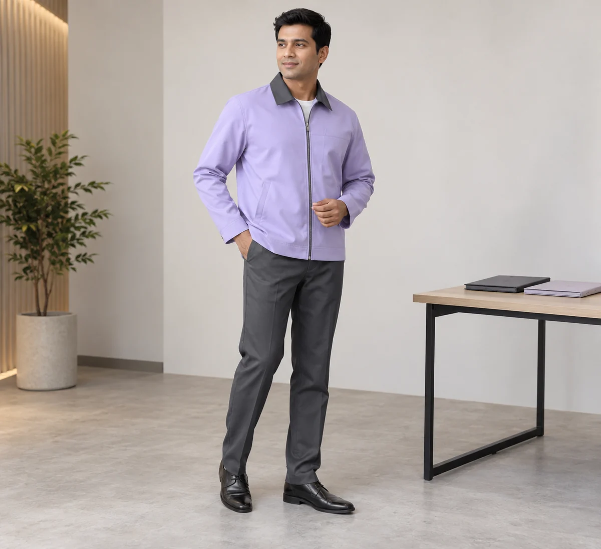 Hombre con casaca lila de cuello gris y pantalón gris junto a dos carpetas cerradas.