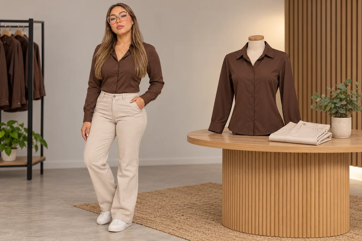 Mujer con camisa chocolate y pantalón beige junto a una camisa sobre maniquí y pantalón plegado.