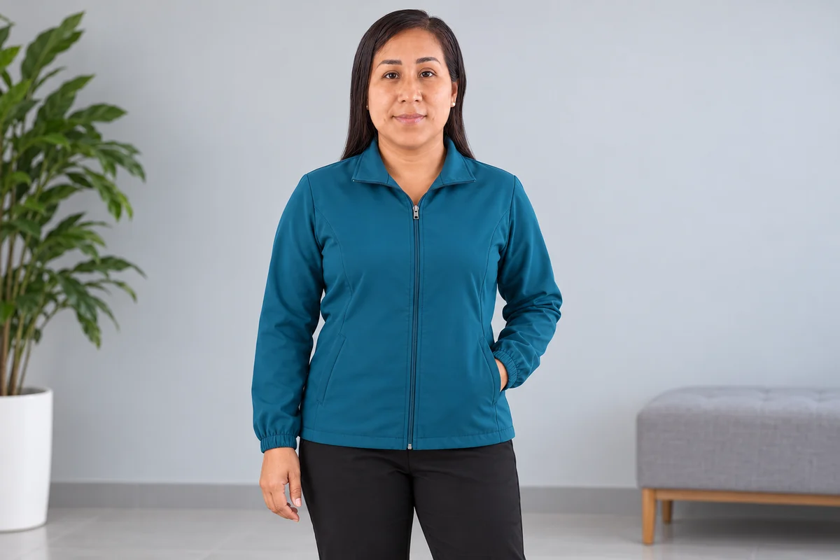 Vista frontal de mujer con chaqueta turquesa oscuro con cierre y puños fruncidos.