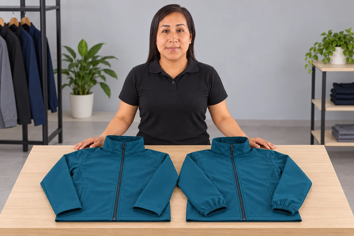 Mujer presenta dos chaquetas turquesa con distintos puños sobre una mesa.