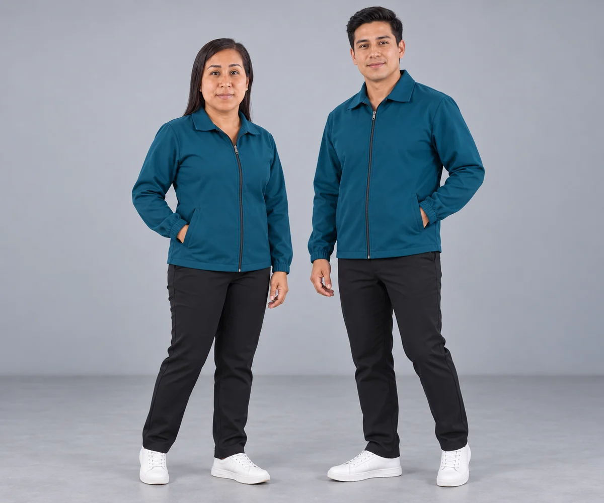 Mujer y hombre con chaquetas turquesa oscuro y pantalones negros en estudio.