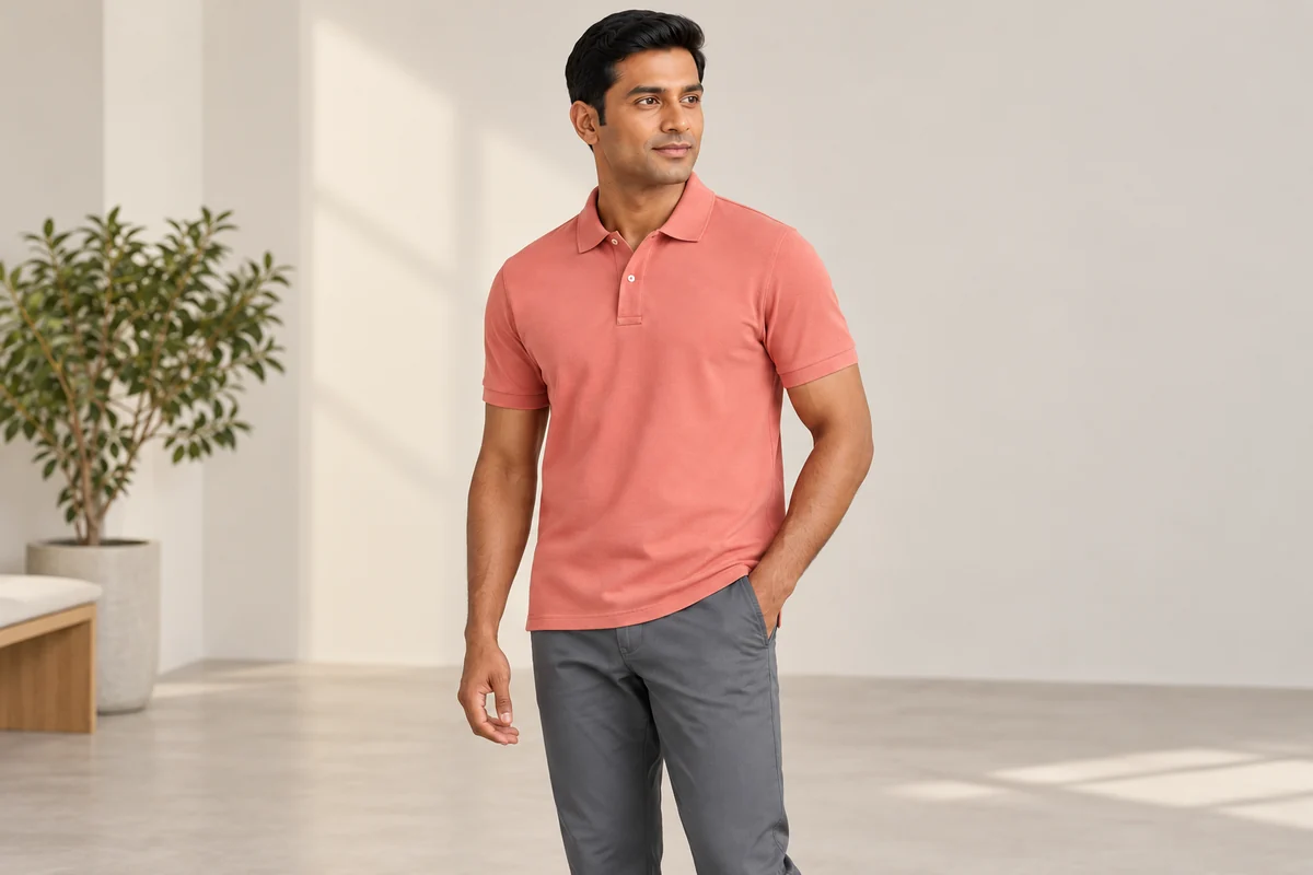 Vista a media distancia de hombre con polo coral de manga corta y pantalón gris.