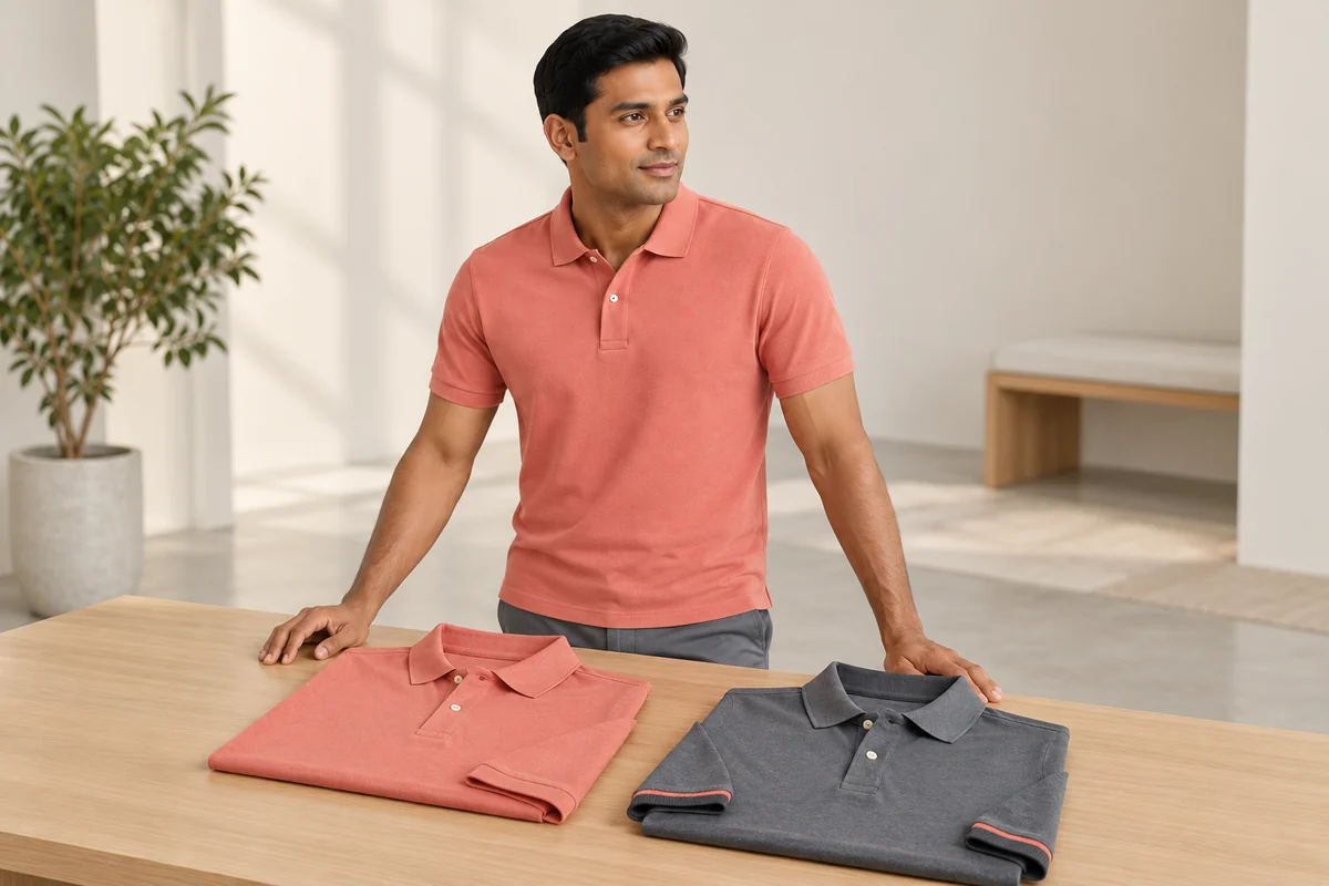 Hombre presenta un polo coral y otro gris con ribete coral sobre una mesa.