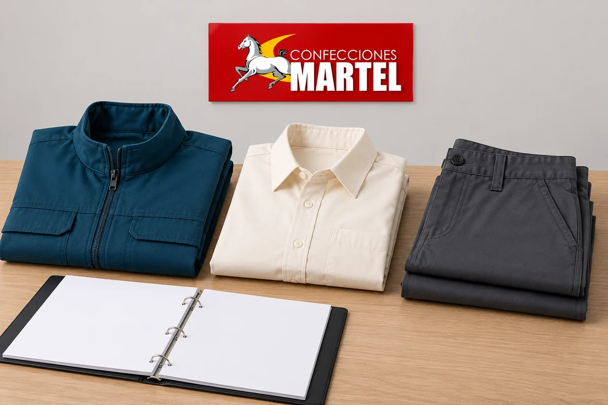Tres prendas dobladas en petróleo, marfil y grafito junto a carpeta en blanco