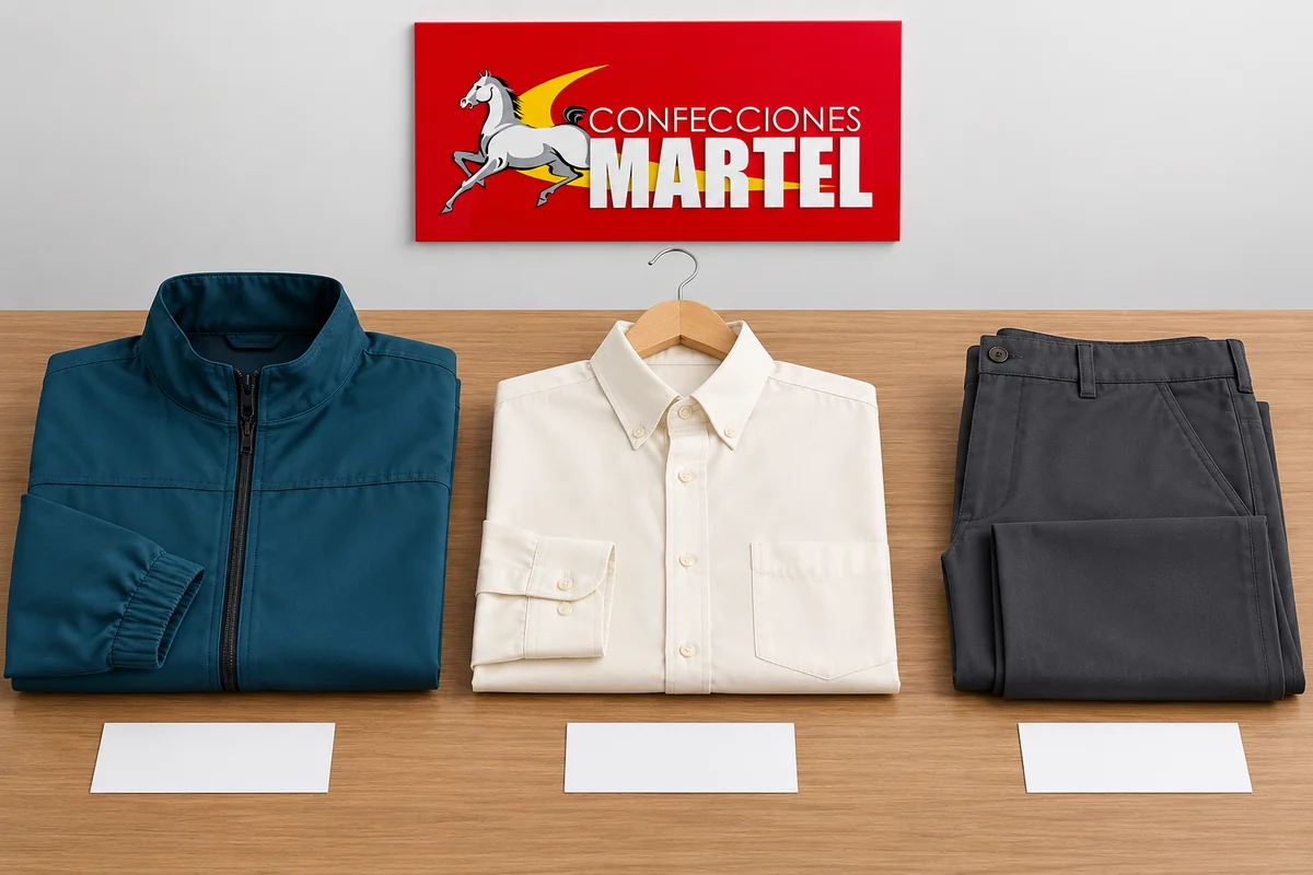 Casaca petróleo, camisa marfil y pantalón grafito doblados con una ficha blanca por pieza