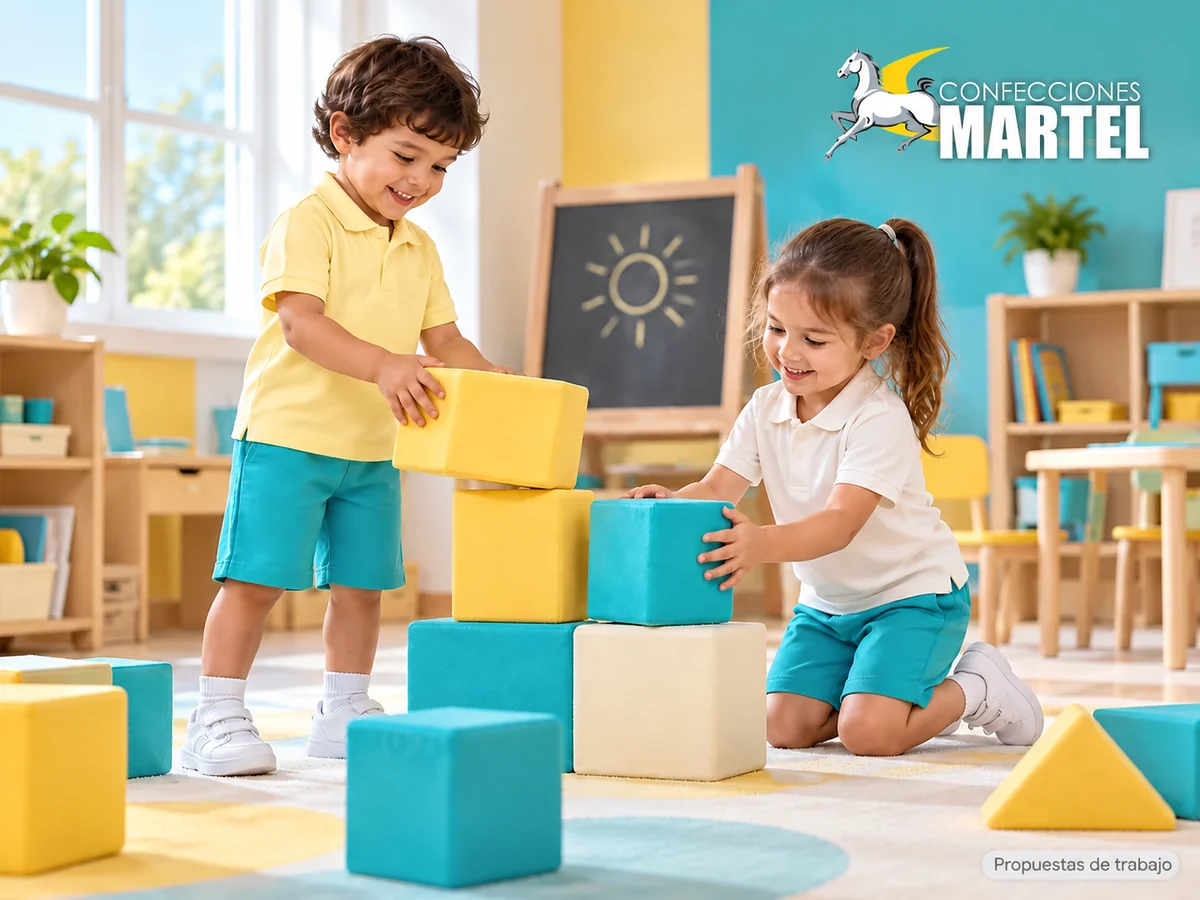 Propuesta ilustrativa Martel: niños en aula ficticia luminosa con polo y short.