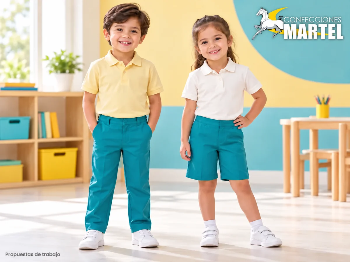 Propuesta ilustrativa Martel: niños con polo corto y pantalón recto o short.