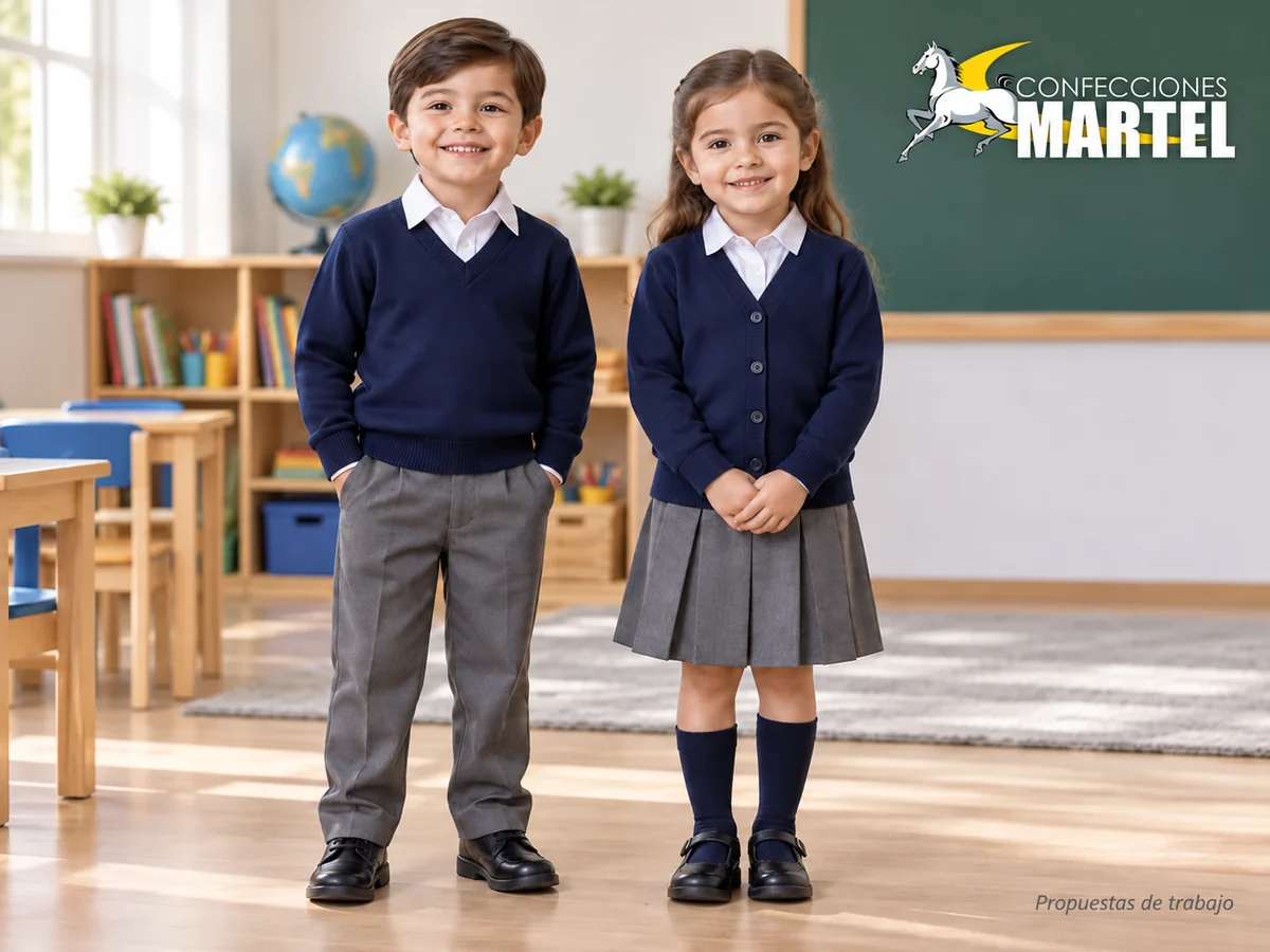 Propuesta ilustrativa Martel: niños con camisa chompa pantalón o falda sencilla.