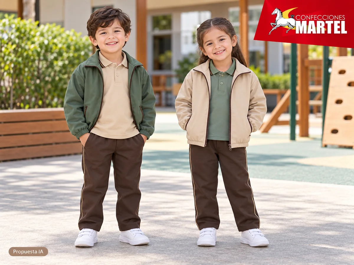 Propuesta ilustrativa Martel: niños con polo y casaca en dos combinaciones.