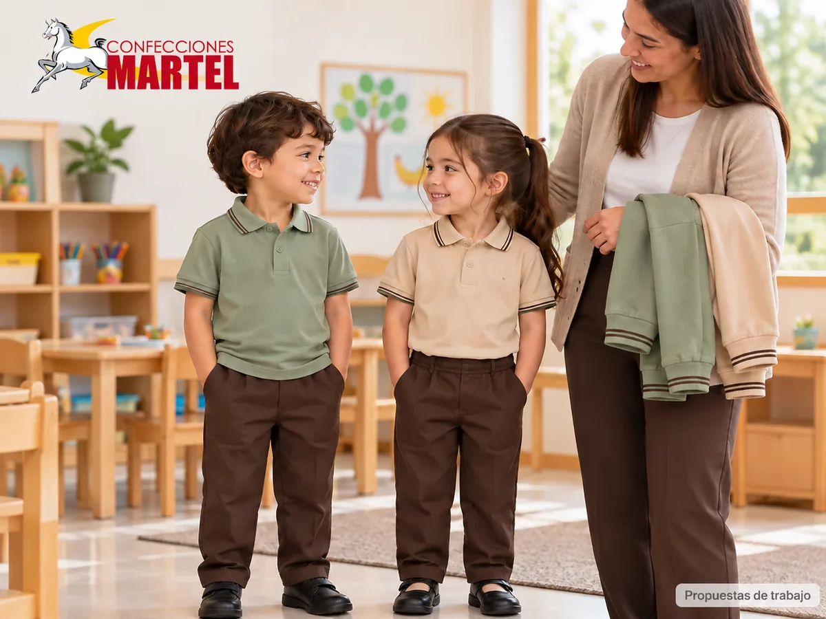 Propuesta ilustrativa Martel: niños con polo manga corta y casaca en brazo adulto.