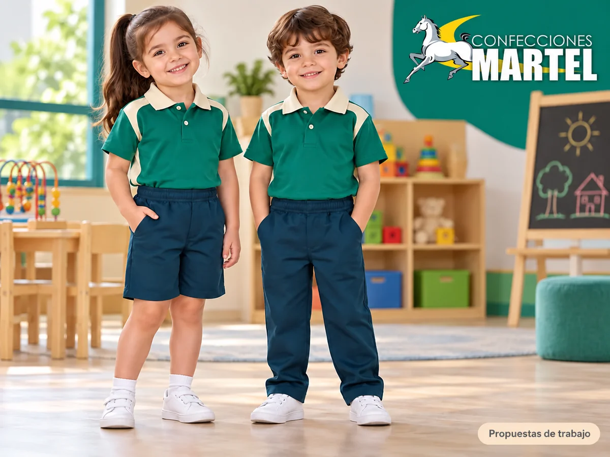 Propuesta ilustrativa Martel: niña y niño muestran short y pantalón mismoestilo.