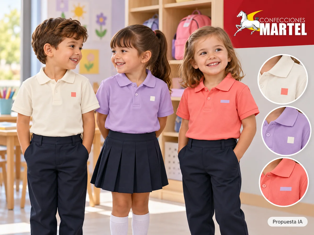 Propuesta ilustrativa Martel: niños con polo liso y pequeño panel de identidad genérica sin escudos.