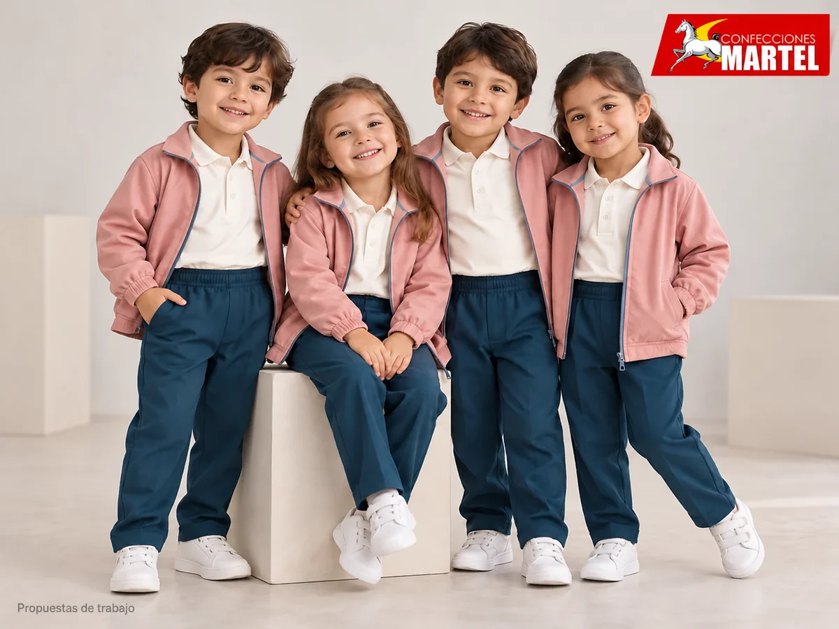 Propuesta de trabajo Martel: Cuatro niños ficticios con polos marfil, casacas rosa palo y pantalones azul petróleo en estudio conceptual.