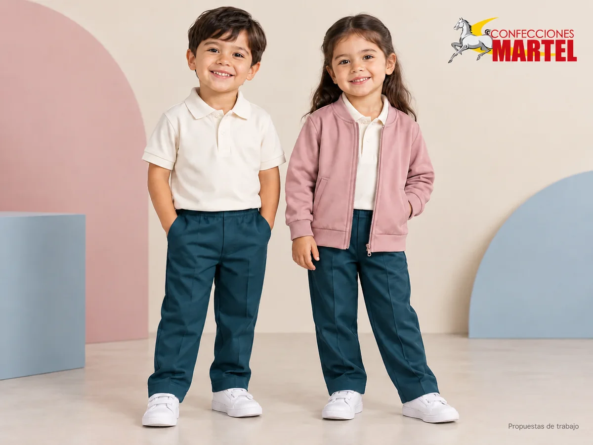 Propuesta de trabajo Martel: Niños ficticios muestran polo marfil y casaca rosa palo con pantalones coordinados azul petróleo.