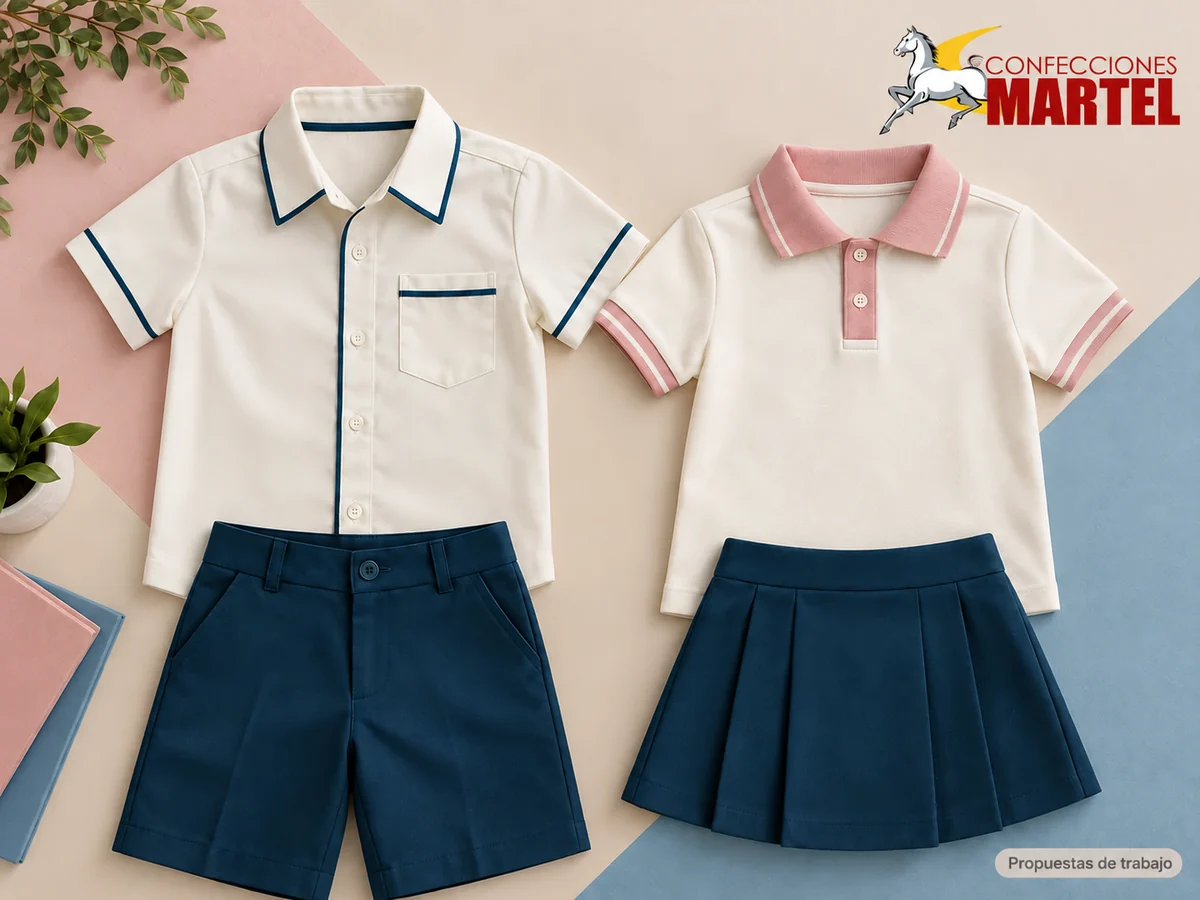 Propuesta de trabajo Martel: Camisa marfil de ribetes azul petróleo y polo de cuello rosa, con short y falda coordinados en flatlay.