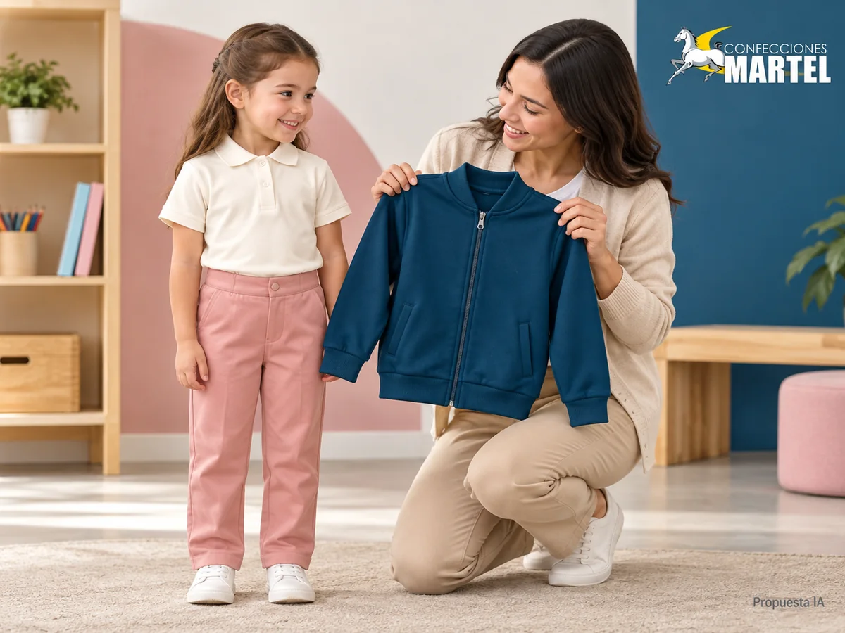 Propuesta de trabajo Martel: Adulta ficticia sostiene una casaca azul petróleo junto a niña vestida con polo marfil y pantalón rosa.