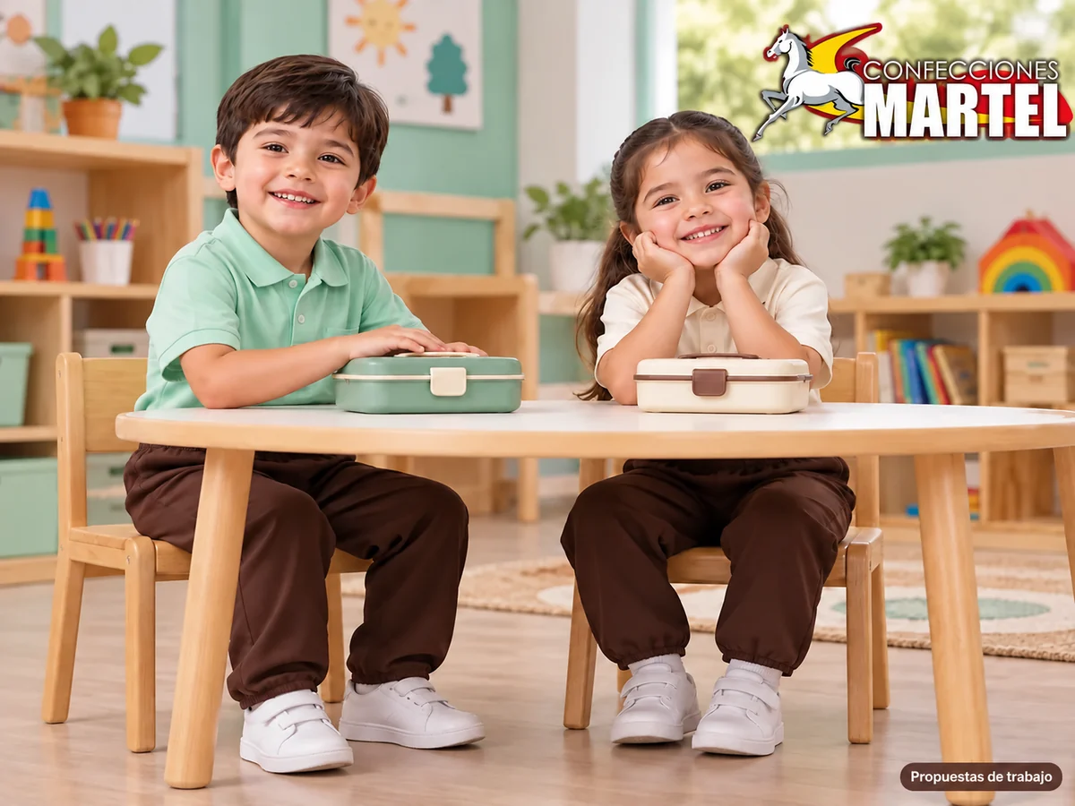 Propuesta ilustrativa Martel: niños sentados en mesa bajaconloncheracerrada uniformevisible.