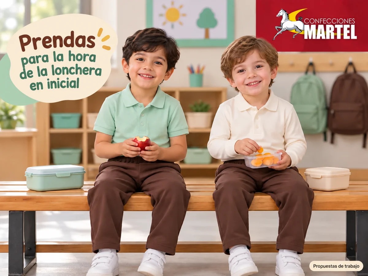 Propuesta ilustrativa Martel: niño sentado con polo manga corta y otra versión larga.