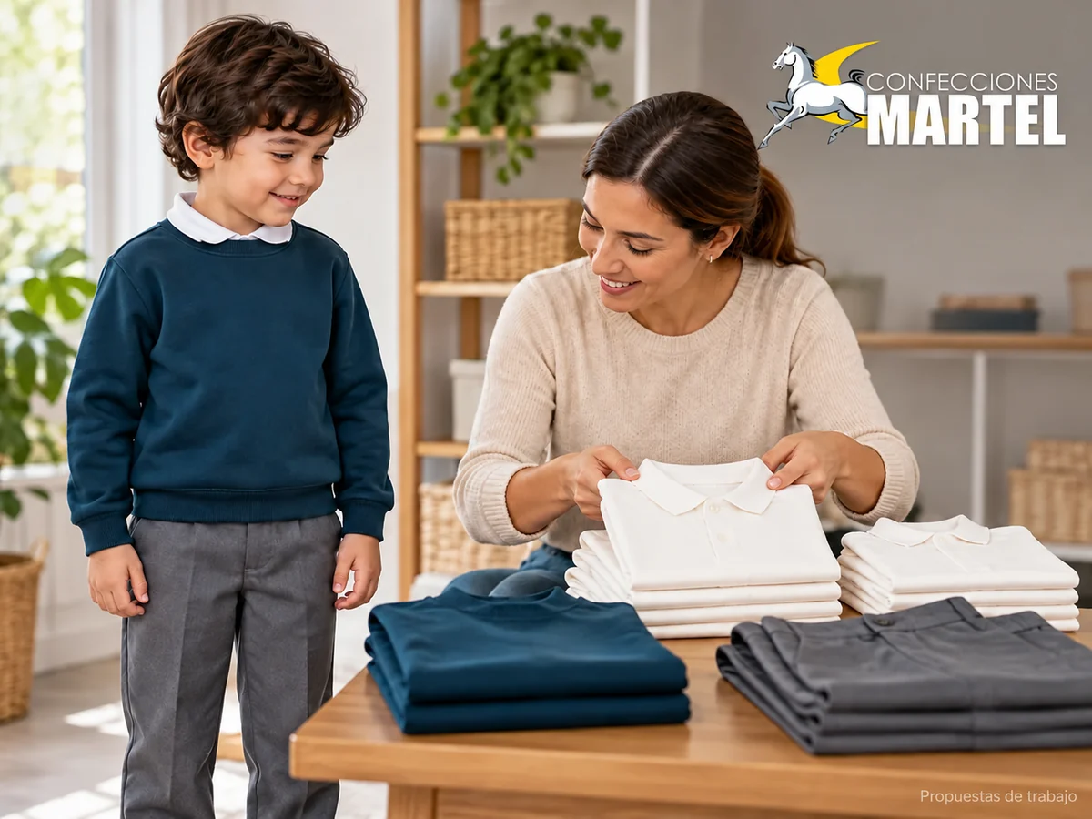 Adulto y niño con polera petróleo organizan polos marfil sobre una mesa. Propuesta referencial de propuesta de Confecciones Martel.