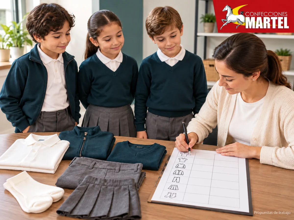 Adulto revisa una ficha sin datos junto a prendas dobladas y tres niños vestidos. Propuesta referencial de propuesta de Confecciones Martel.