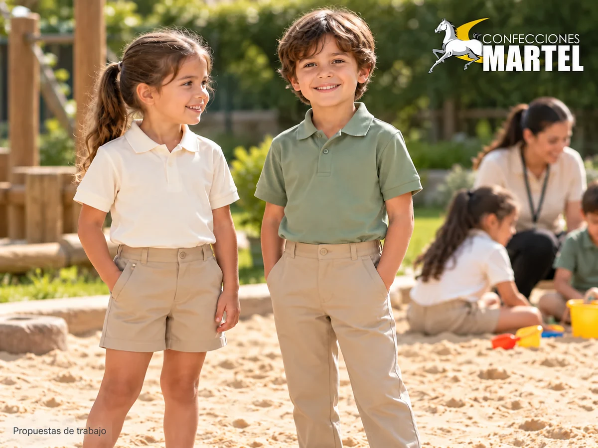 Niña con polo marfil y short arena y niño con polo salvia y pantalón arena muestran prendas de bolsillos sencillos. Propuesta referencial de propuesta de Confecciones Martel.