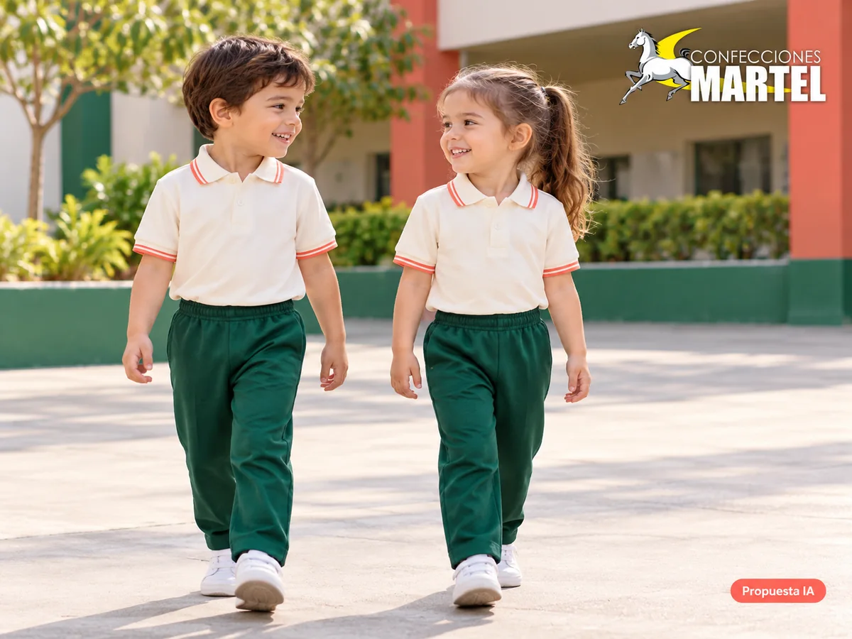 Propuesta ilustrativa Martel: niños caminando en patio ficticio amplio sin juegosaltos.