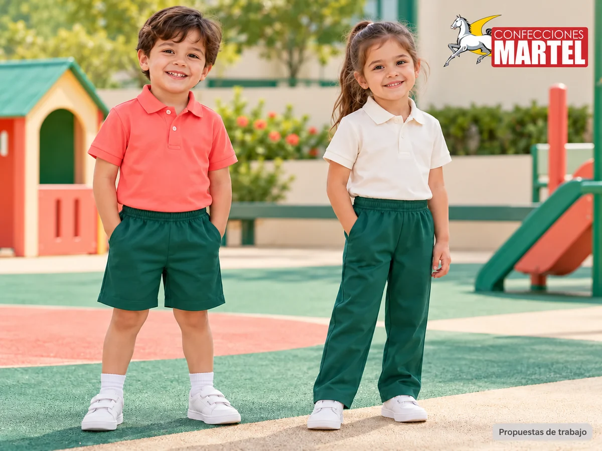 Propuesta ilustrativa Martel: niños con polo short y polo pantalón sincordones.