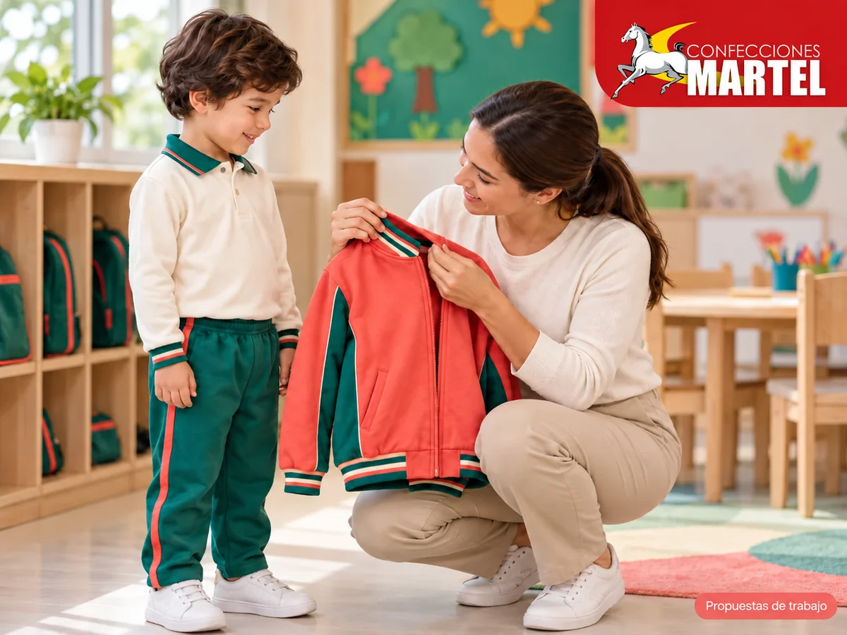 Propuesta ilustrativa Martel: adulto revisa casaca sin capucha con niño vestido.