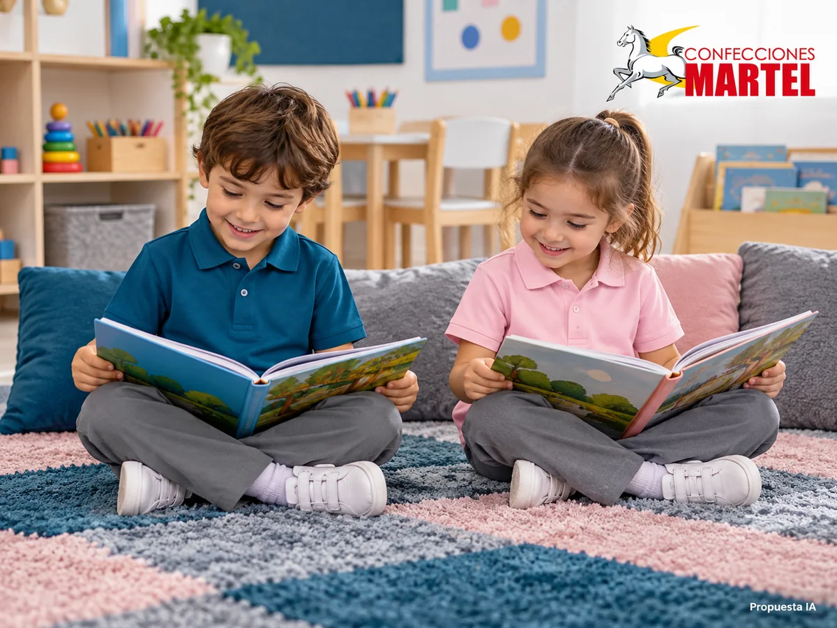 Propuesta ilustrativa Martel: niños sentados en alfombra con libros grandes.