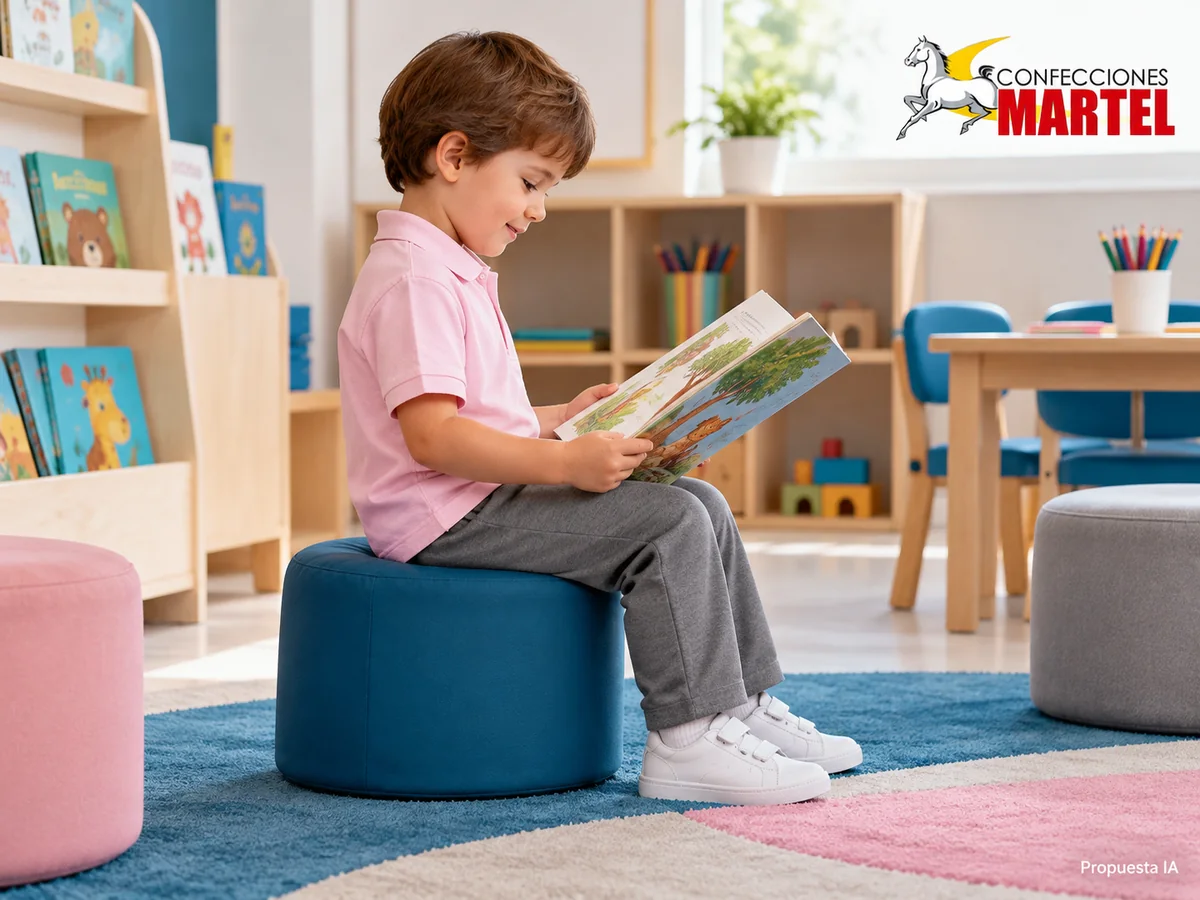 Propuesta ilustrativa Martel: vista lateral respetuosa de niño completamentevestido sentado.