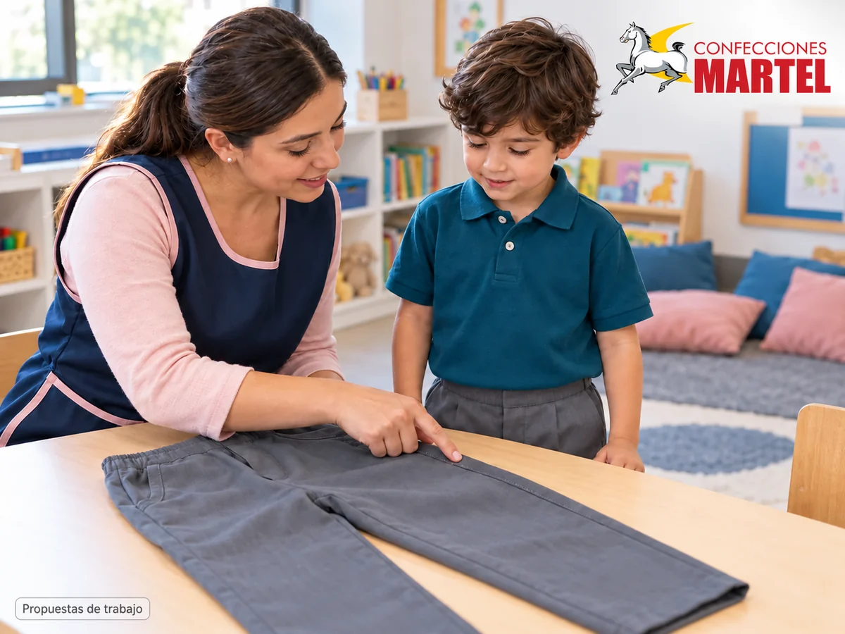 Propuesta ilustrativa Martel: adulto señala costura de pantalón sobre mesa.