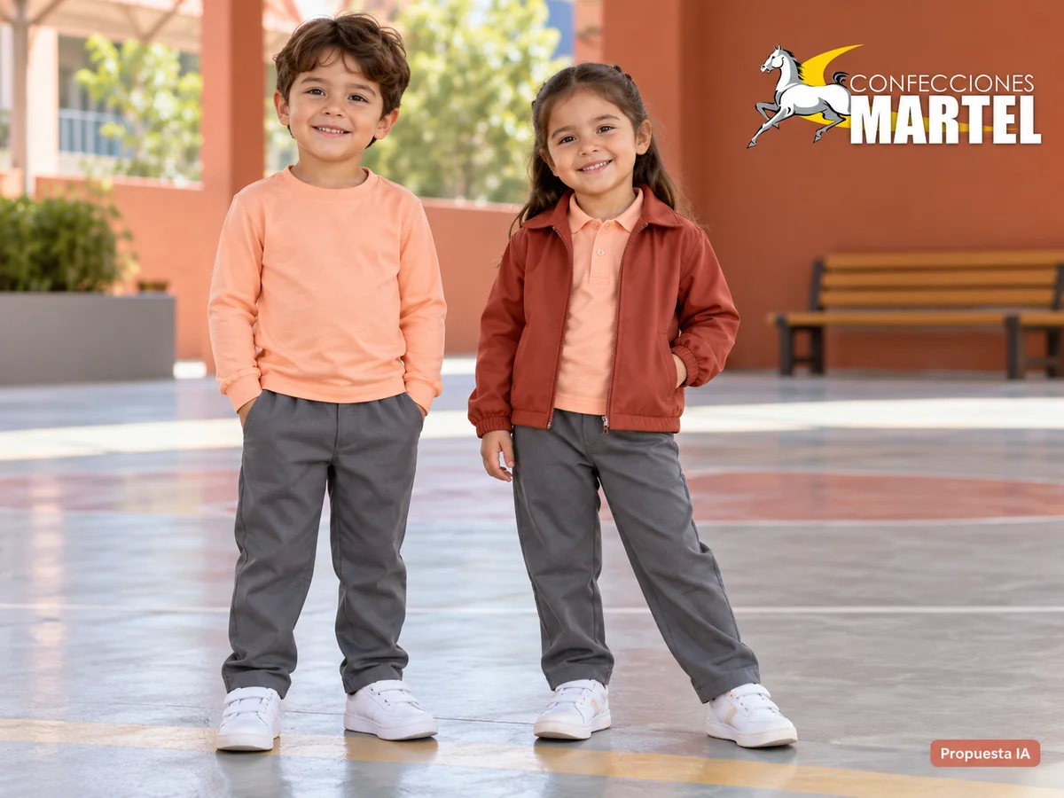 Propuesta ilustrativa Martel: niños con polera sin capucha y casaca corta.