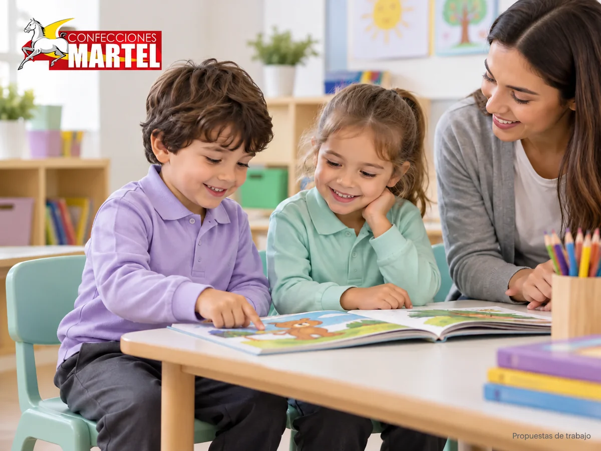 Dos niños con polos de manga larga lila y menta leen un libro con un adulto. Propuesta referencial de propuesta de Confecciones Martel.
