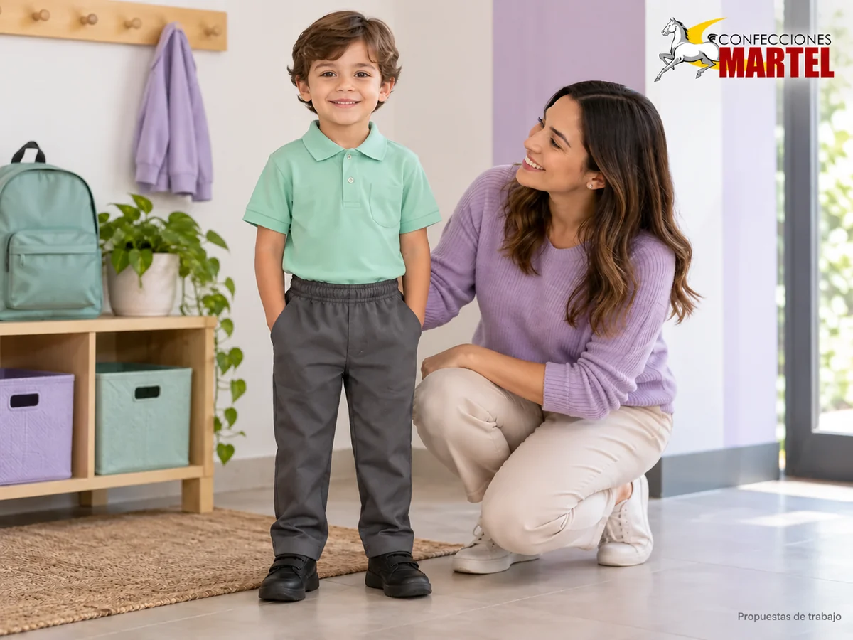 Niño con polo menta y pantalón grafito junto a un adulto. Propuesta referencial de propuesta de Confecciones Martel.