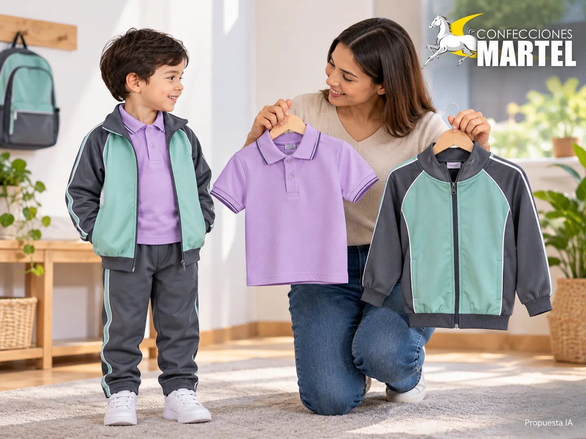 Adulto muestra polo lila de repuesto y casaca menta y grafito junto a un niño vestido. Propuesta referencial de propuesta de Confecciones Martel.